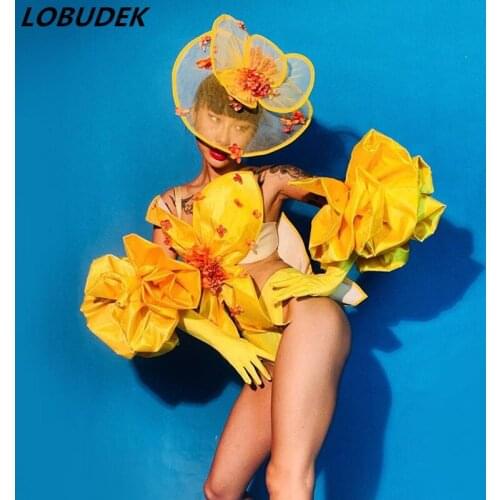 Bar Nightclub Stage Sexy Dance Costume Yellow Big Flower Bodysuit Gloves Dance Outfit Set Party Show Singer Dancer DJ DS Clothes