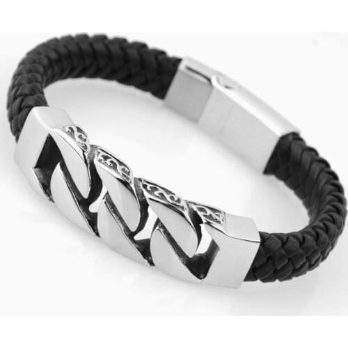 Fashion 316L Stainless Steel Silver Color Cuban Curb Chain Black Braided Leather Wristband Mens Bracelet Bangle Punk Jewelry8.5"