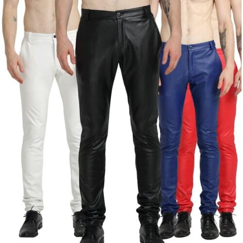 2021 Mens New Slim Fit Skinny Stretch Casual Leather Pants Youth Mid-Waist PU Leather Trousers