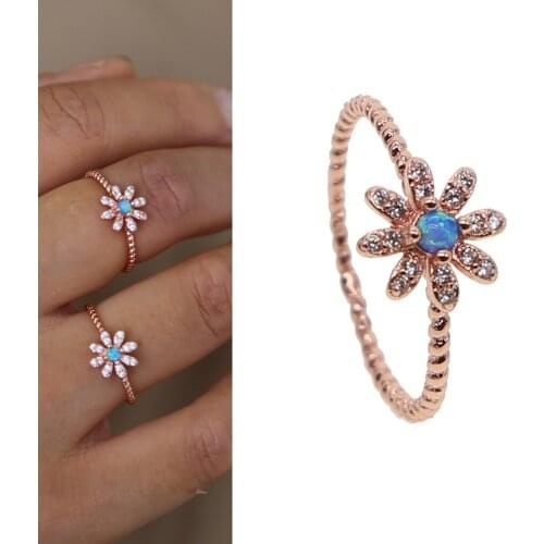 New Simple Flower metal Ring Cute Rose Gold Small Daisy Flower blue opal delicate tiny finger Rings Jewelry For Women