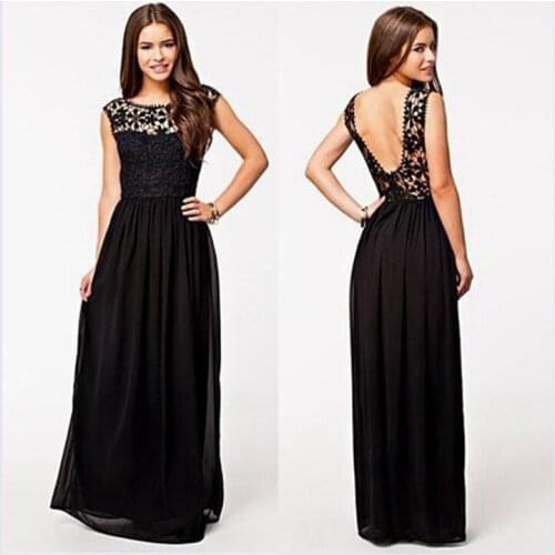 MAYFULL NEW FASHION women vintage lace sleeveless o-neck hollow out pleated dress lady black chiffon swing evening party dress