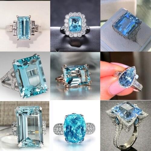 Wholesale Bulk Aquamarine Silver Wedding Engagement Rings For Women Huge Sky Blue Cubic Zircon Prong Setting Valentines Gift