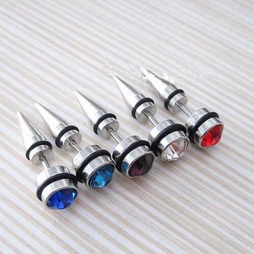 Poputton 1pcs Kpop Silver Color Earrings for Women Male Stainless Steel Taper Men Earrings with Red Black Blue Zirconia 2018