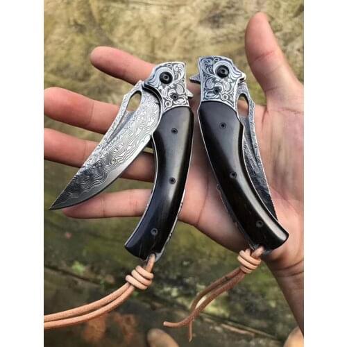 New Arrival Damascus Steel Folding Knife Ebony Handle EDC Outdoor Tools Hunting Camping Pocket Knives Collection
