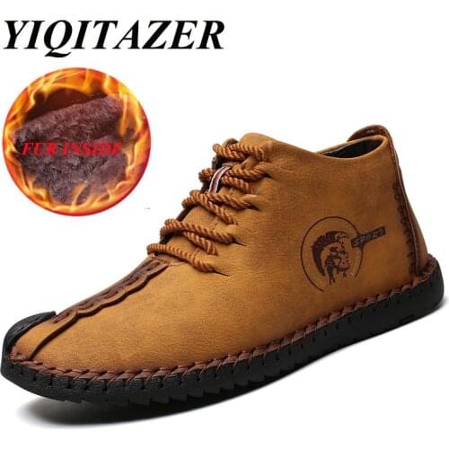 YIQITAZER 2018 Keep Warm Winter Men Boots High Quality Split Leather Casual Men Shoes with Plush Fahsion boots size 38~47