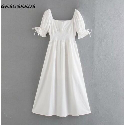 Vintage dress women summer dresses puff sleeve midi dress white elegant party dresses solid square neck lace up dress cotton