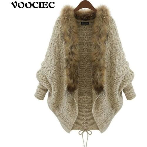 VOOCIEC Winter Warm sweater coat Long sleeve slim cardigan sweater Shawl with fur collar Slim fashion versatile sweater knitwear