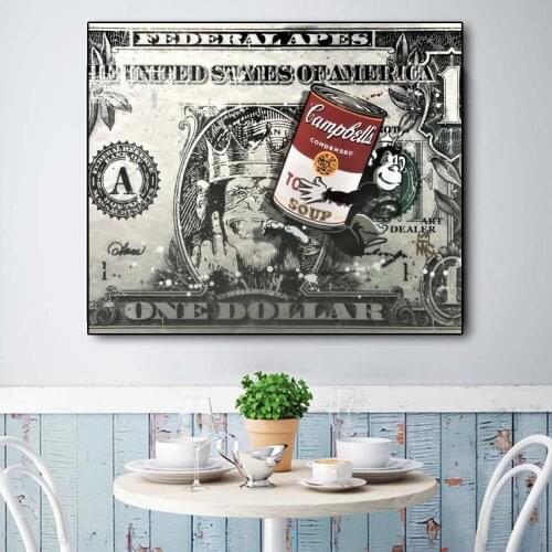 Funny picture monkey holding can of soup dollar cash home decor poster and living room wall art creative money painting