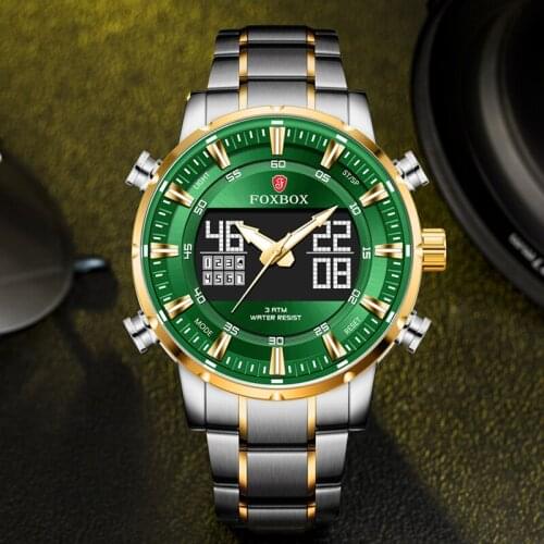 FOXBOX 2021 Green Men Watch Top Brand Luxury Stainless Steel Quartz Watch for Men Waterproof Dual Display Wristwatch Clock Man