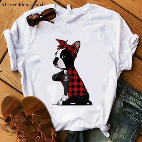 Boston Terrier i love mom T-shirt Women Harajuku Plaid Bandana print mama Cartoon Tshirt Graphic Short Sleeve Tee Tops Clothes