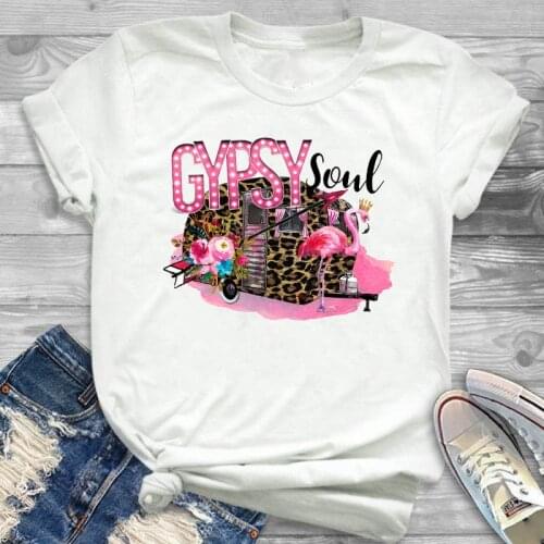Women Lady T Shirt Leopard Car Gypsy Soul Printed Tshirt Ladies Short Sleeve Tee Shirt Women Female Tops Clothes Graphic T-shirt