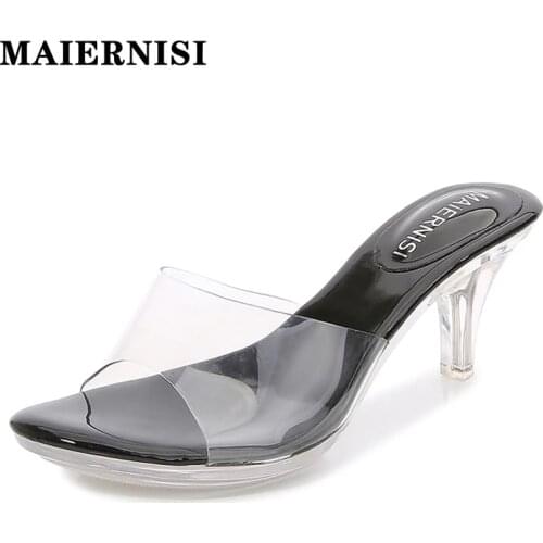 MAIERNISI High Heels Slippers Womens Shoes 2021 Summer Comfortab Butterfly Platform Transparent Outside Slide Sexy Ladies Shoes