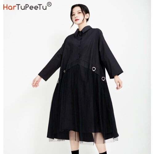 Oversized Blouse Dress Women Black Midi Dresses Patchwork Mesh High Waist Loose Rings Decorate Long Shirt Vestido Mujer Elegant