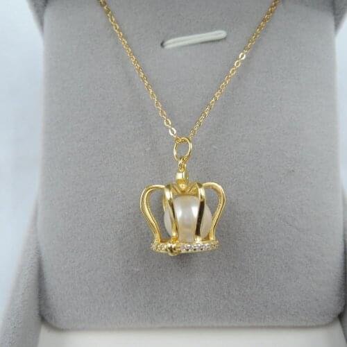 100% nature freshwater round pearl necklace with 925 silver chain-fashion crown shape
