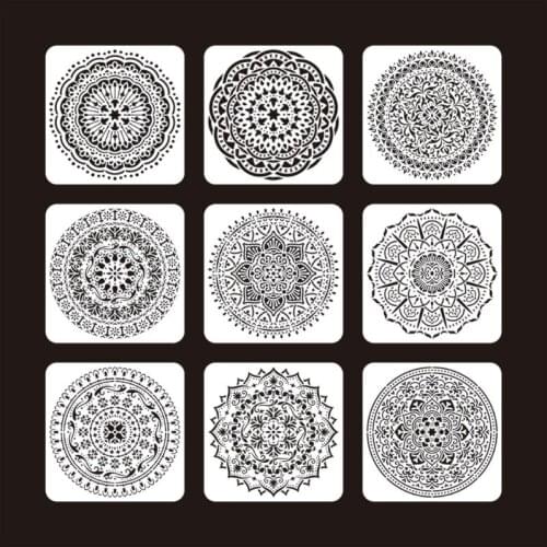 9pcs/set Mandala Stencil Drawing Template for Tile Floor Painting Board DIY Album Scrapbooking Decor