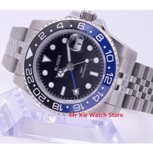 Bliger 40mm Automatic Mechanical Mens Watch Luxury Sapphire Crystal Ceramic Bezel GMT Clock Luminous Waterproof Wristwatch Men