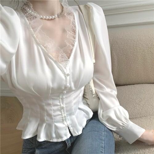 Summer Slim Elegant Chiffon Blouse Women Lace Korean Fashion Chic Casual Sexy Shirt V-neck White French Office Lady Blouse 2021
