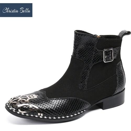 Christia Bella Designer Patchwork Real Leather Men Boots Square Toe Buckle Party Male Ankle Boots Zipper Motorcycle Boots Shoes