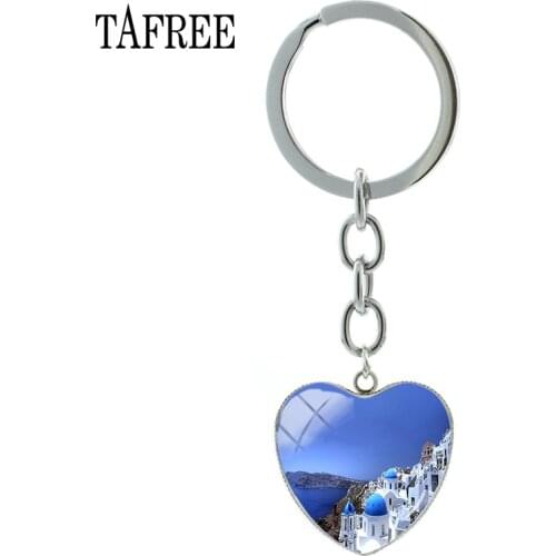 TAFREE Famous Santorini Island View Keychains man women Beautiful Heart Pendant Key Chain Wonderland Picture Jewelry FA419