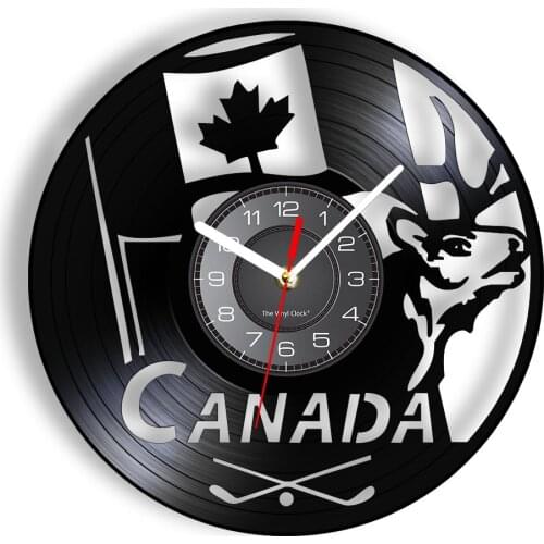 Canadian Deer Head Vintage Hockey Logo Vinyl LP Record Wall Clock Buck Head Shadow Art Wall Clock Vinyl Disk Crafts Sports Decor