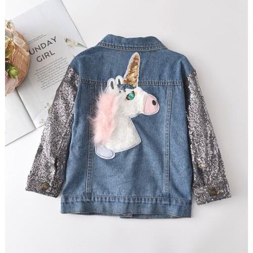 Children Denim Jacket Coat 2021 New Spring Autumn Kids Fashion Outerwear Baby Girls Sequin Cartoon Unicorn Jeans Coat For 2-10Y