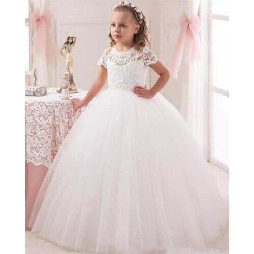 Custom Made Floor Length Kids Flower Girl Dresses for Weddings Short Sleeve Formal Princess Party Dress First Communion Dresses
