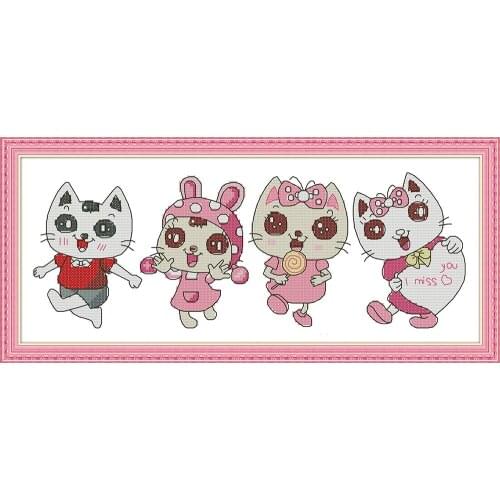 Everlasting Love Four Cartoon Cats Chinese Cross Stitch Kits Ecological Cotton Printed 14 11CT Christmas DIY Wedding Decoration