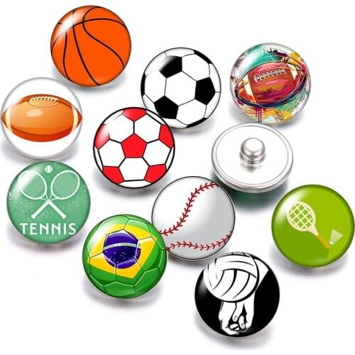 Football Baseball basketball Sport 18mm snap buttons 10pcs mixed round photo glass cabochon style for snap button jewelry