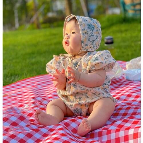 Summer Girl Hollow Out Floral Double Layer Breathable One-piece Baby Romper Toddler Bodysuit With Hat