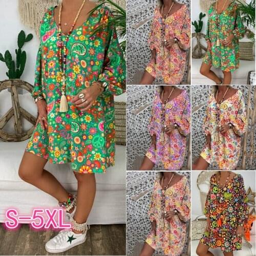 2020 Spring and Summer New European and American Womens V-neck Printed Long Skirt Dress Plus Size Womens Clothing