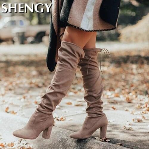 New Winter Women Shoes Solid Color Warm Flock Heel Boot Outdoor Round Toe Square Heel Sexy Womens Boots Female Knee-High Boot