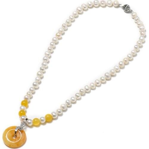 Transparent yellow pearls with white luster connected to orange copper 25*6 mm pendants 8-9 mm Natural Pearl Necklace