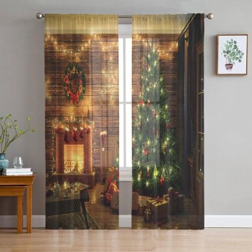 Christmas Room Christmas Tree Fireplace Tulle Curtains for Living Room Decoration Modern Chiffon Sheer Voile christmas curtains