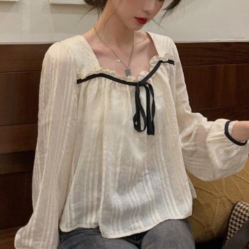 French Sweet Shirts Women Design 2021 Autumn Long Sleeve Elegant Vintage Chiffon Blouse Female Korean Fashion Thin Loose Tops