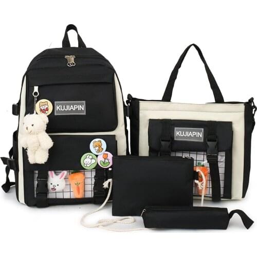 4-piece Fashion Bookbag For Teenage Girls Canvas Waterproof Backpack With Many Pockets Large Capacity Lightweight Travel Bags