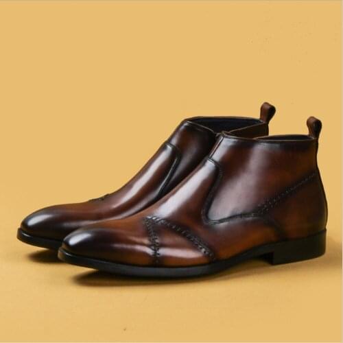 Sipriks Mens Boots Calfskin Chelsea Boots Vintage Brogues Ankle Boots Italian Handmade Zip Dress Boots Male Cowboy Euro 46 Shoe