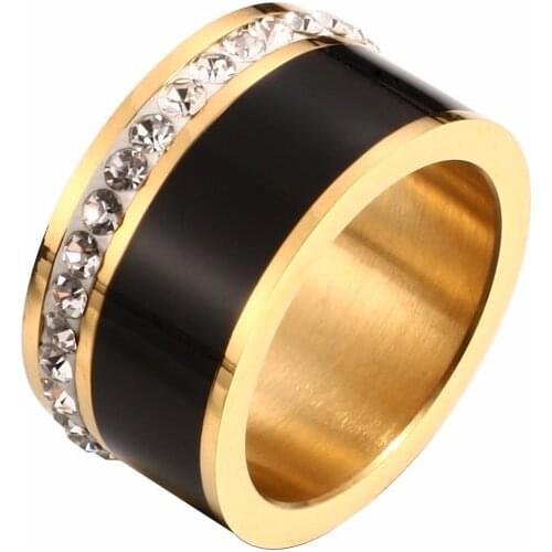 Vintage Stainless Steel Ring 10mm width One Row Crystal Ring Black White Ceramic Resin Finger Ring for Lovers