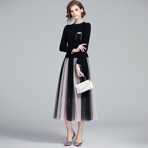 High Quality Fashion Womens Knitting Splicing Color Collision Mesh Long Sleeves Slim Dresses Bohemia Leisure Dresses