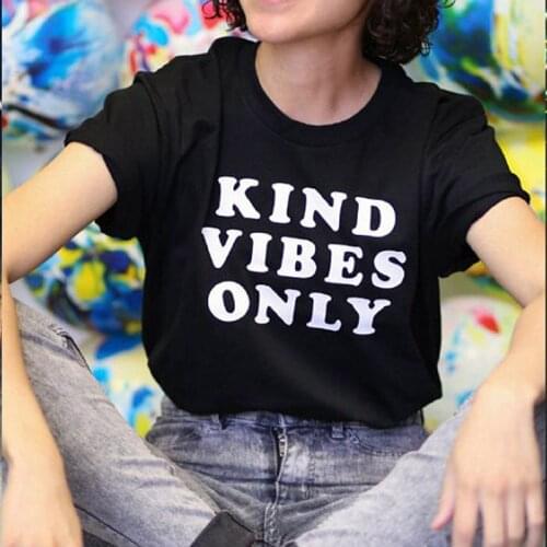 KIND VIBES ONLY letter print cotton t shirt for women summer tops o neck graphic tees hipster plus size