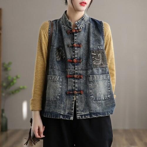 Chinese Style Clothing Women Denim Vest Sleeveless Jacket For Spring Loose Patchwork Vintage Fashion Ladies Chinese Tops 11970