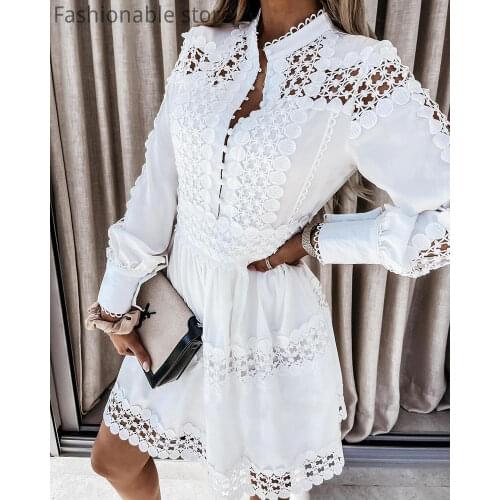 Women Elegant Long Sleeve Hollow Out Lace Patchwork Dress