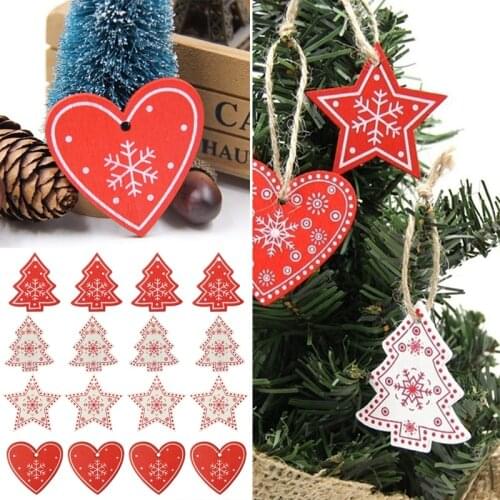 16PCS Mixed DIY White&Red Tree/Heart/Star Wooden Ornaments For Christmas Party Xmas Tree Ornaments Kids Decorations Gifts
