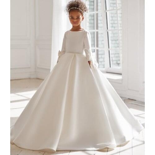 2021 White 3/4 Long Sleeves Flower Girl Dresses For Wedding Satin Bow Kids Pageant Gowns Birthday Wear First Communion Dress