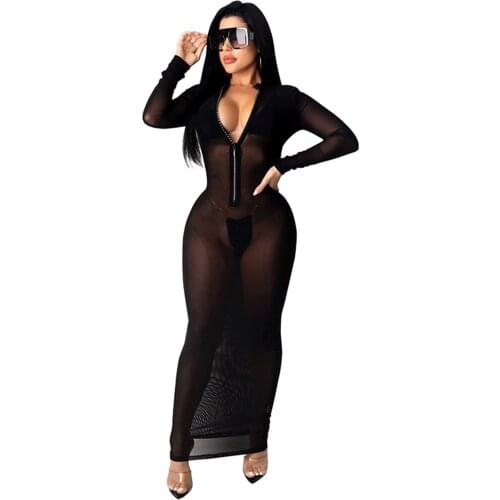 2021 Fashion Womens Transparent Mesh Long Sleeve Tight Medium Length Dress Club Nightclub Dress Beach Cover Up Dresses
