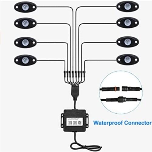 8 Pots Waterproof Car Underglow RGB Decorative Led Rock Light Kit by Phone Bluetooth for Offroad 4x4 Wrangler UTV ATV