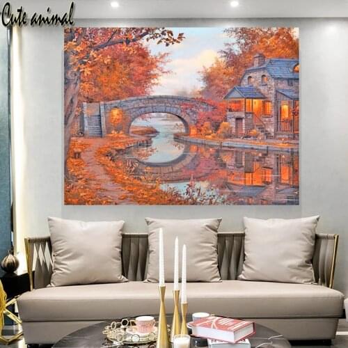 Diamond Embroidery Autumn landscape bridge 5D Diy Diamond Painting Scenery Hut Full Square Round Resin Picture Decoration