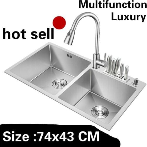 Free shipping Apartment kitchen manual sink double groove do the dishes 304 stainless steel high quality hot sell 74x43 CM