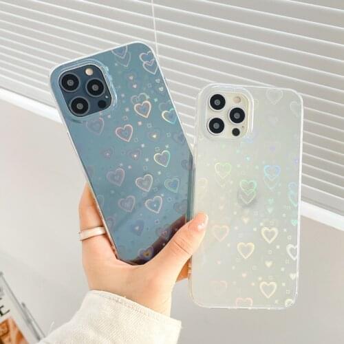 Phone Case For iPhone 12 11 Pro X XR XS Max 7 8 Plus SE 2 11 Luxury Colorful Laser Love Heart Clear Soft IMD For iPhone 12 Case