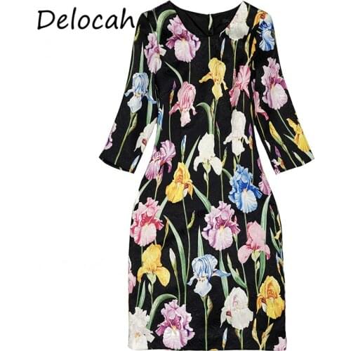 Delocah Women Summer Fashion Designer Party Midi Dress Half Sleeve Floral Print Elegant Bodycon Ladies Jacquard A-Line Dresses