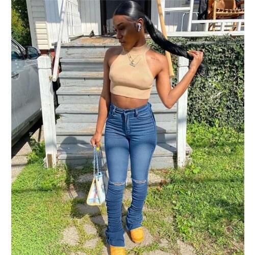 Street Style Stacked Pants High Waist Stretch Flare Jeans Woman High Waist Bell Bottom Denim Joggers Women
